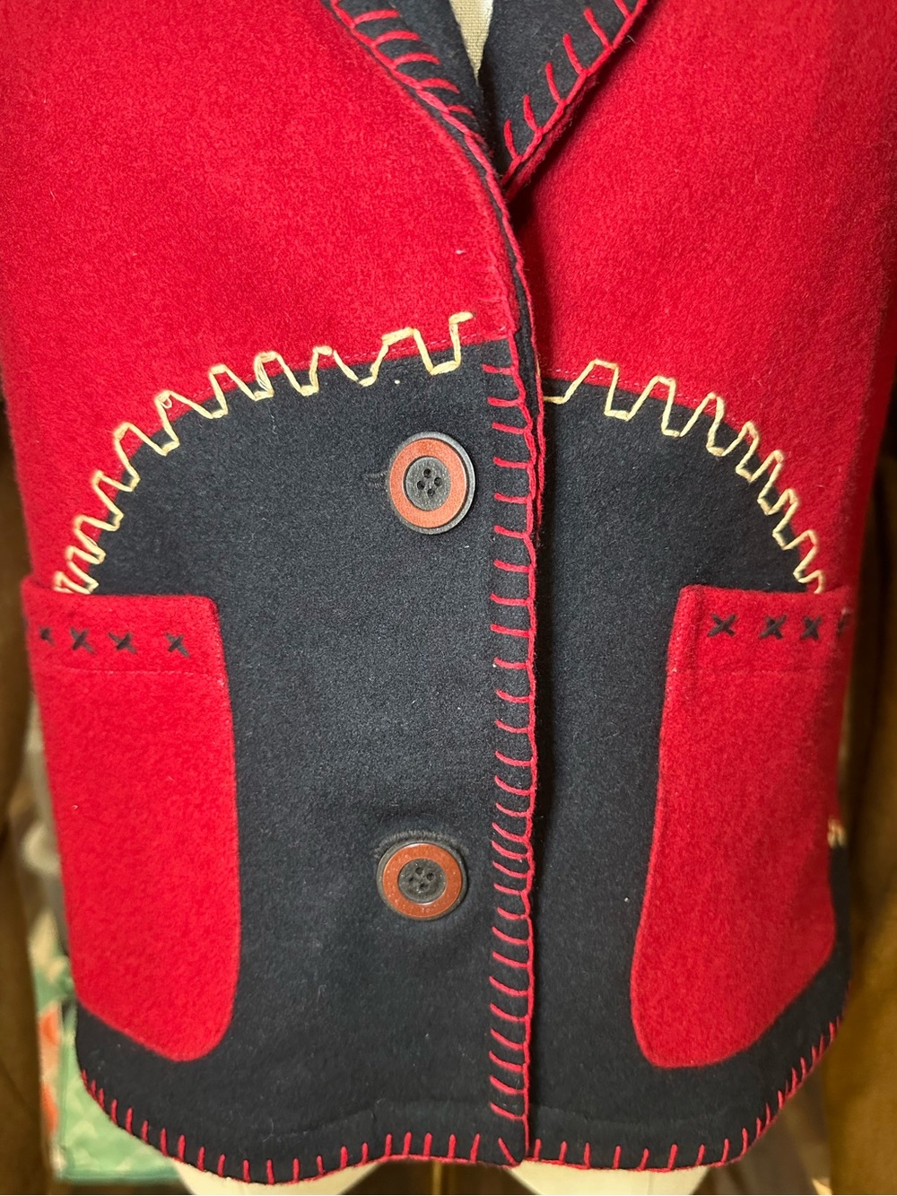 Vintage Sandy Starkman Color-block Red & Navy Wool Blend Blazer Jacket - Picture 7 of 8